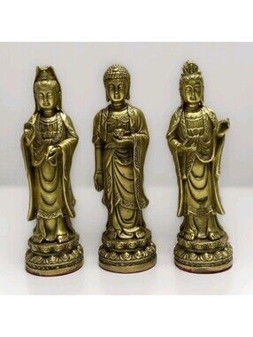Vintage Chinese Amitabha Triad statue set Of 3 Cast Metal Bronze 8"